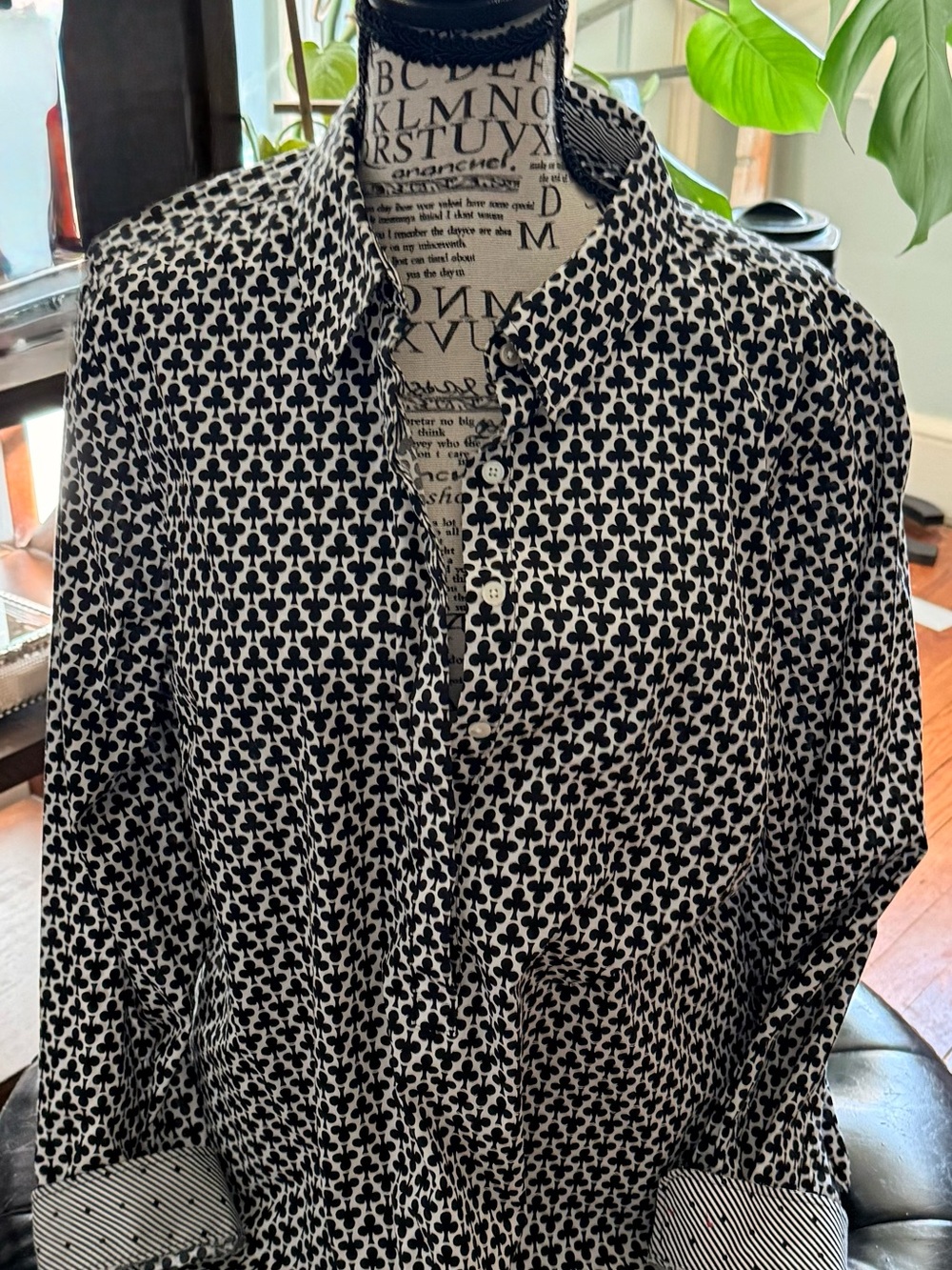 Talbots Spade ♠️ Print Contrast Cuff Wrinkle Resistant Popover, Size 14
